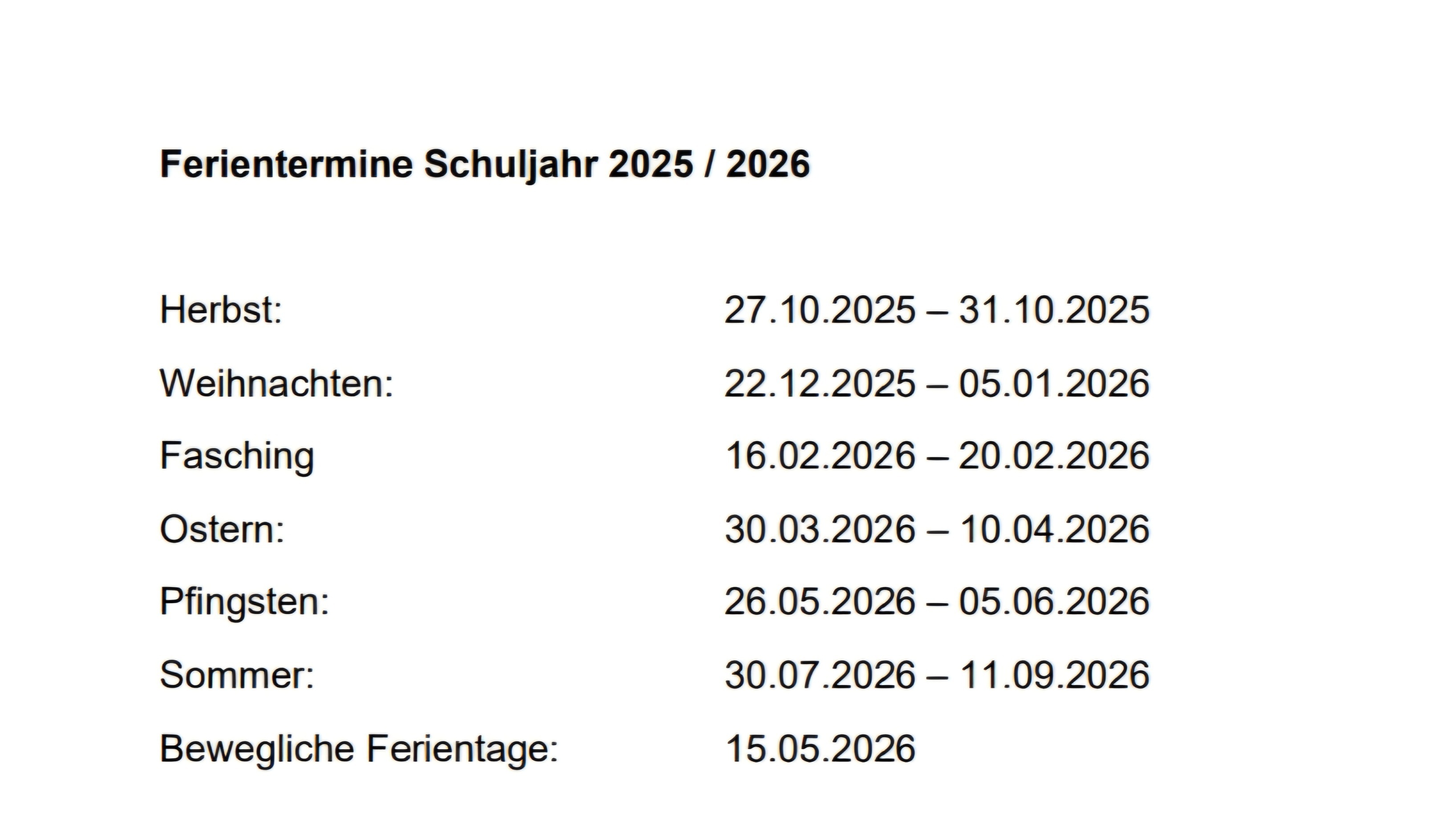 Aktuelle Ferienzeiten